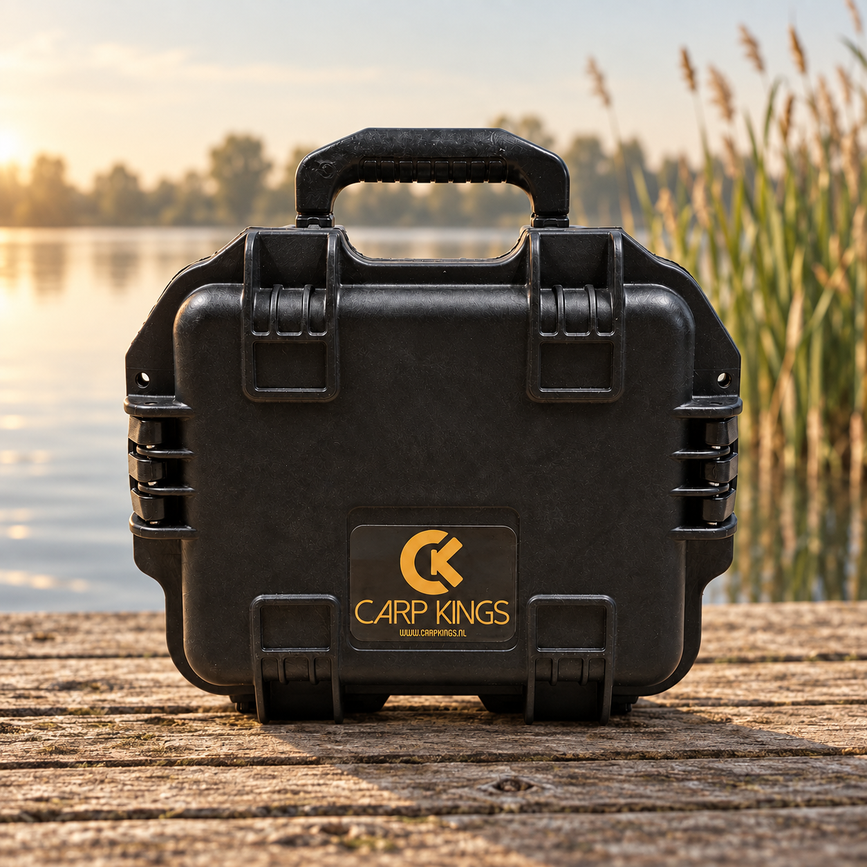 Carp Kings accukoffer op een houten steiger — AI-sfeerbeeld