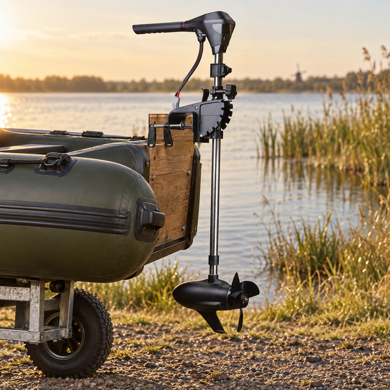 Elektromotor aan de spiegel van een rubberboot op de wal — AI-sfeerbeeld